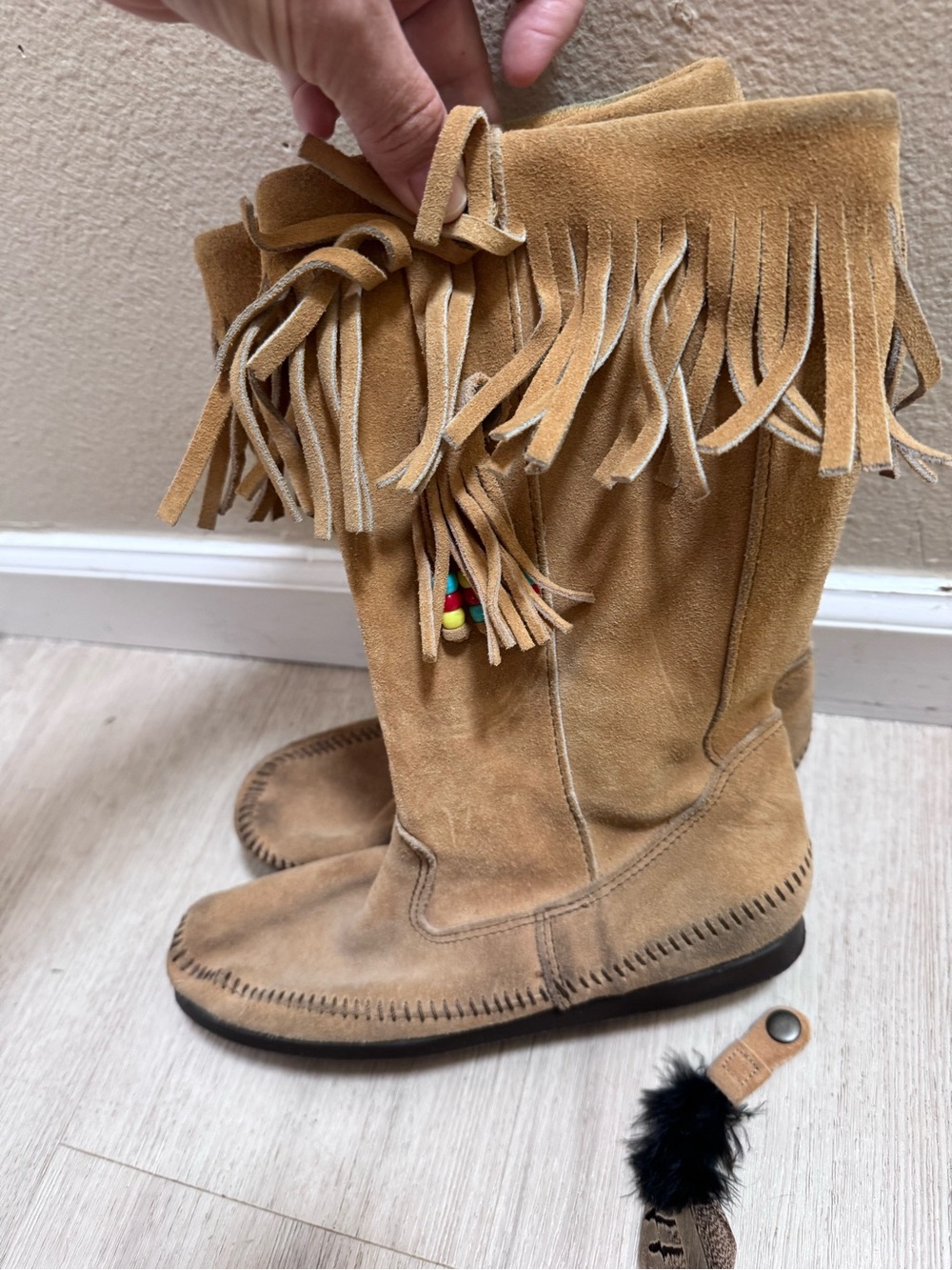 Minnetonka Tan Suede Fringe Moccasin Boots - Picture 2 of 7